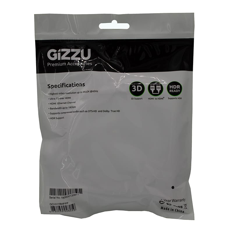 GIZZU High Speed V2.0 HDMI 1.8m Cable with Ethernet Polybag