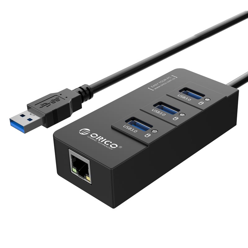 Orico 3 Port USB3.0 Hub With Gigabit Ethernet Adapter - Black