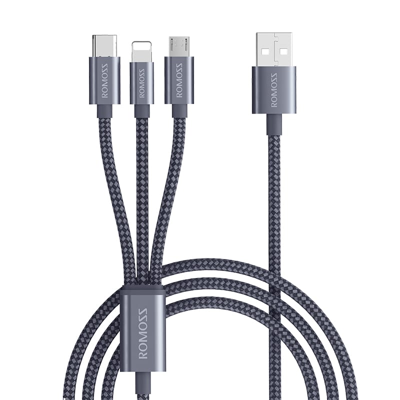 Romoss 3in1 Lightning Charge Sync|Micro USB |Type C to USB 1.5m Cable Space Grey