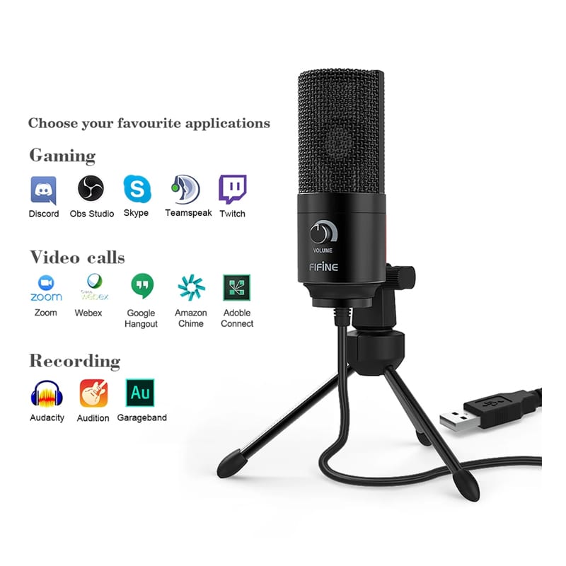 Fifine Cardioid USB Condenser Microphone Tripod - Black - Syntech