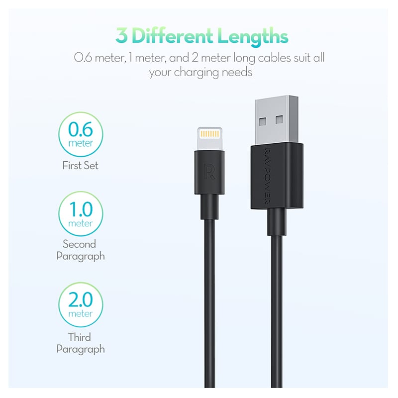 Ravpower USB to Lightning 3 Pack 1x 0.6m|1x 1m|1x 2m Cable - Black