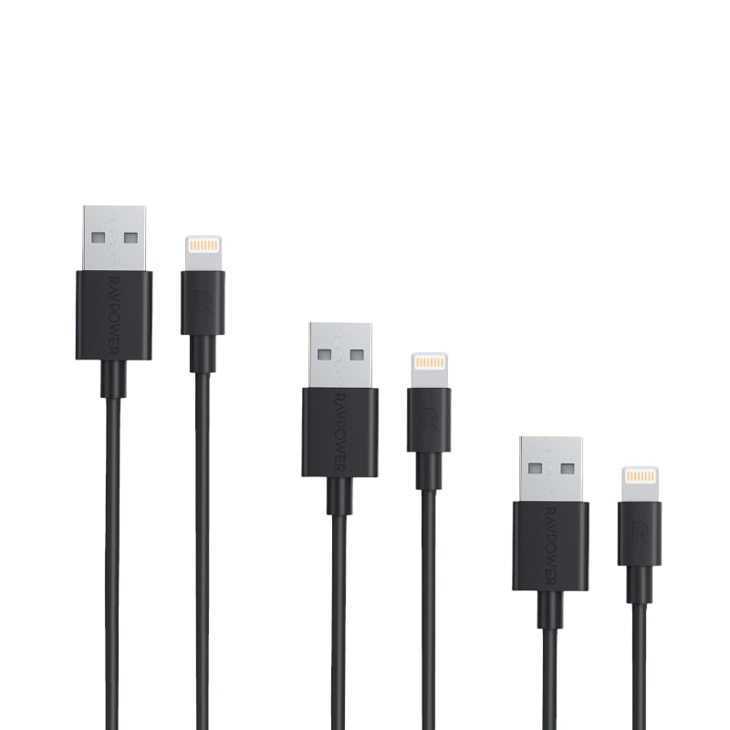 Ravpower USB to Lightning 3 Pack 1x 0.6m|1x 1m|1x 2m Cable - Black
