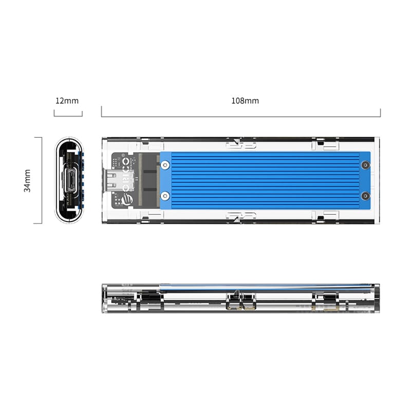 Orico M.2 NVMe + non-NVMe USB3.1 to Type-C|2TB Max|Blue Heatsink Transparent Enclosure