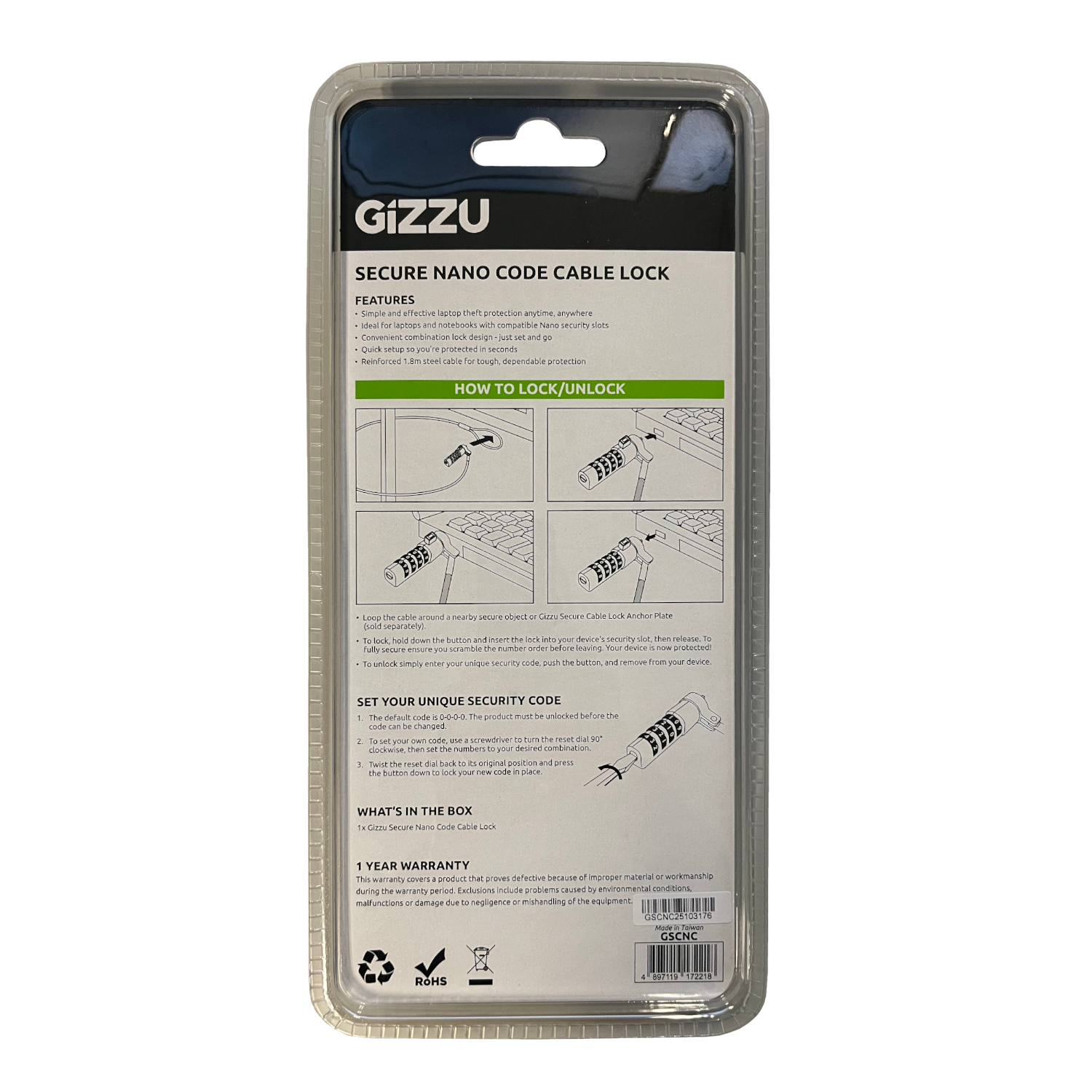 GIZZU 1.8m Nano Combination Lock Security Cable - Syntech