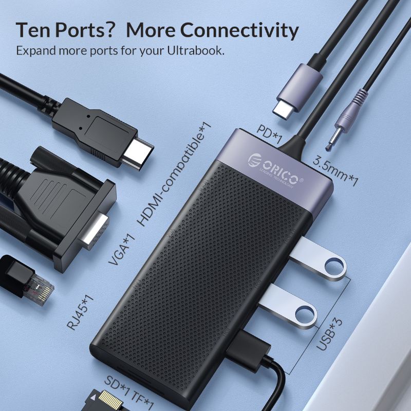 ORICO PD87W | 1x USB3 | 2x USB2 | HDMI | VGA | RJ45 100mbps | SD and TF card 3.5mm Audio Port - Syntech