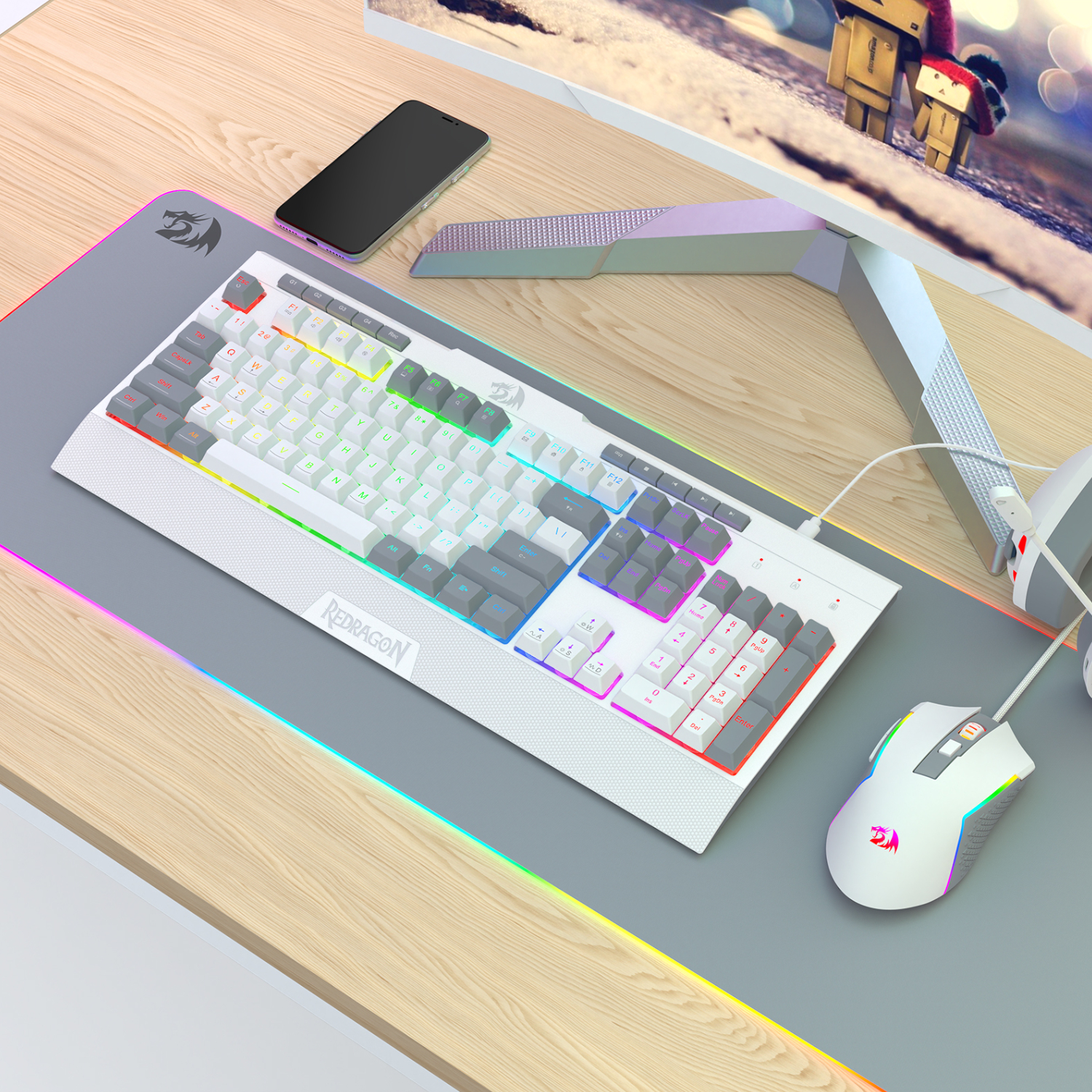 Redragon S151 Wired RGB Gaming Keyboard & Mouse Combo - White and