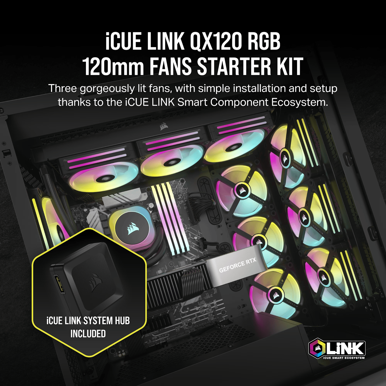 Corsair iCUE LINK QX120 RGB 120mm PWM PC Fans Starter Kit with iCUE LINK System Hub 5